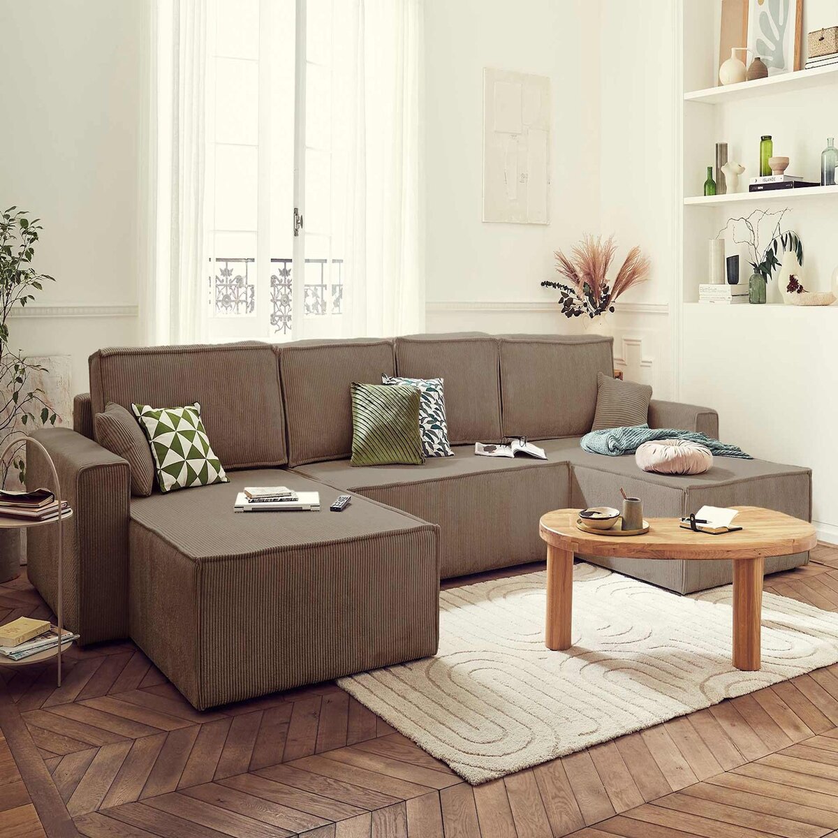 BEST MOBILIER Dellia - canapé panoramique en u - 7 places - convertible - avec coffre - en velours côtelé