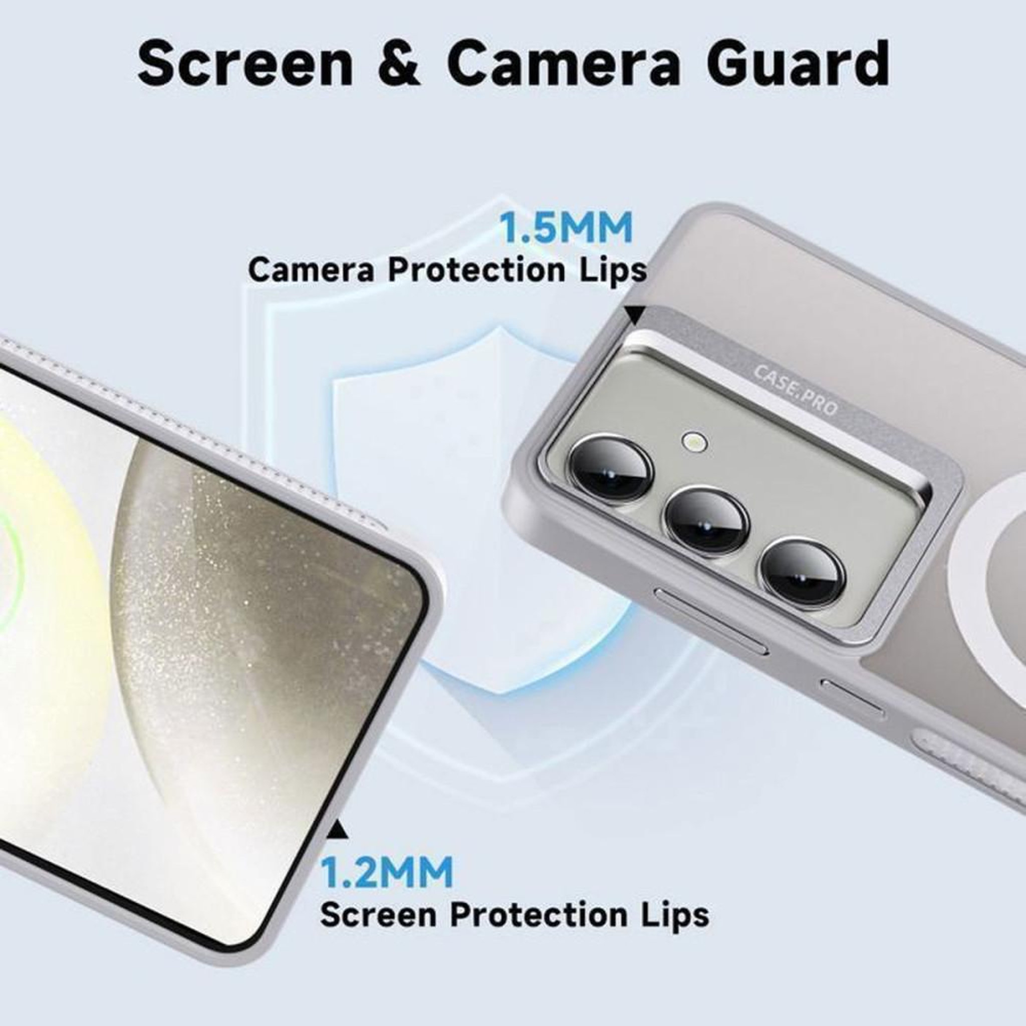 Voir la diapositive 5 : Coque téléphone grise pour Samsung Galaxy S24+ avec verre trempé, anneau de support rotatif 0°-105° et charge sans fil