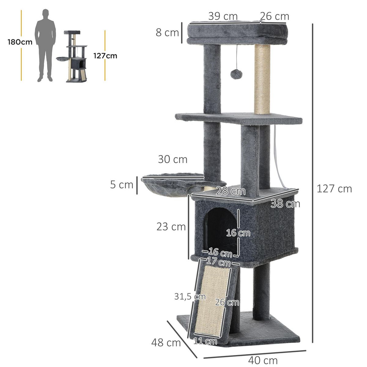 PAWHUT Arbre à chat multi-équipement griffoirs grattoirs plateforme niche hamac jeu boule suspendue gris