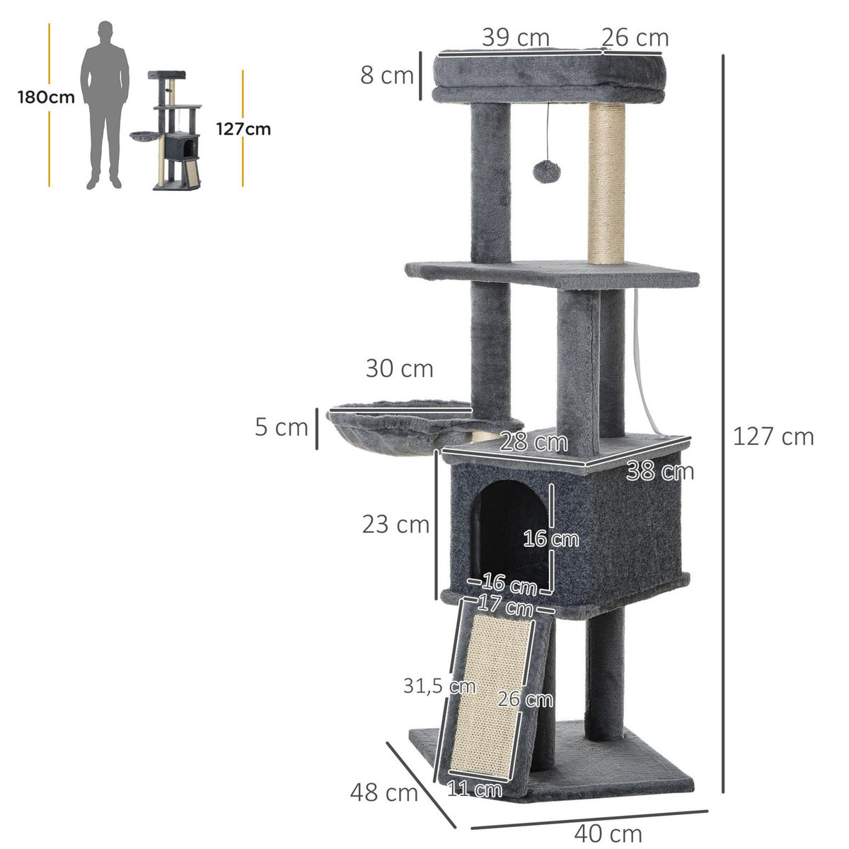 PAWHUT Arbre à chat multi-équipement griffoirs grattoirs plateforme niche hamac jeu boule suspendue gris