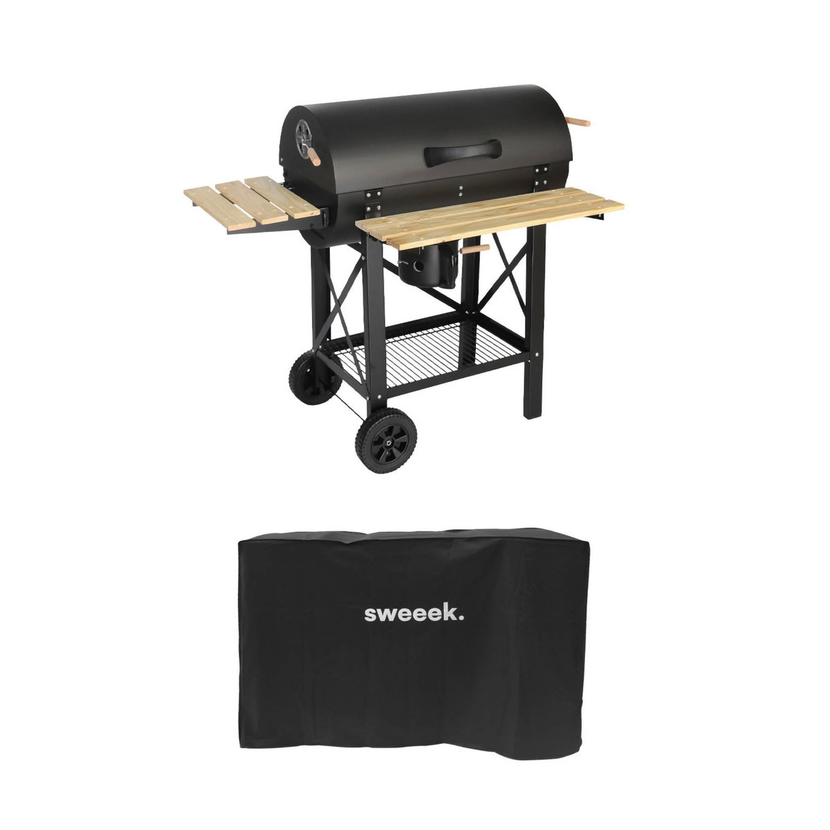 SWEEEK Barbecue américain charbon de bois - Serge noir - Smoker américain avec aérateurs. récupérateur de cendres. fumoir. housse