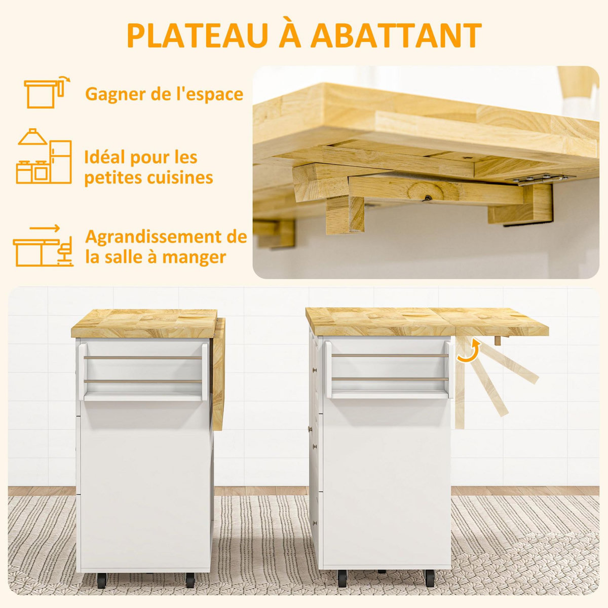 HOMCOM Desserte de cuisine multi rangement 3 tiroirs 2 portes avec étagère rack épices porte-torchons plateau rallonge hévéa MDF blanc