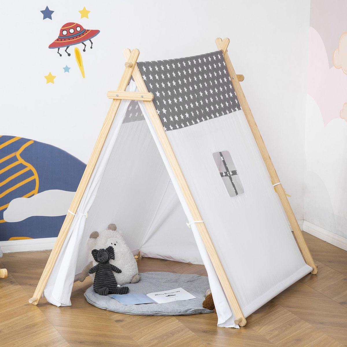 HOMCOM Tente teepee indien enfant motif étoiles - dim. 1,3L x 1,11I x 1,36H m - 2 portes refermables, fenêtre - structure bois, toile polyester coton gris blanc