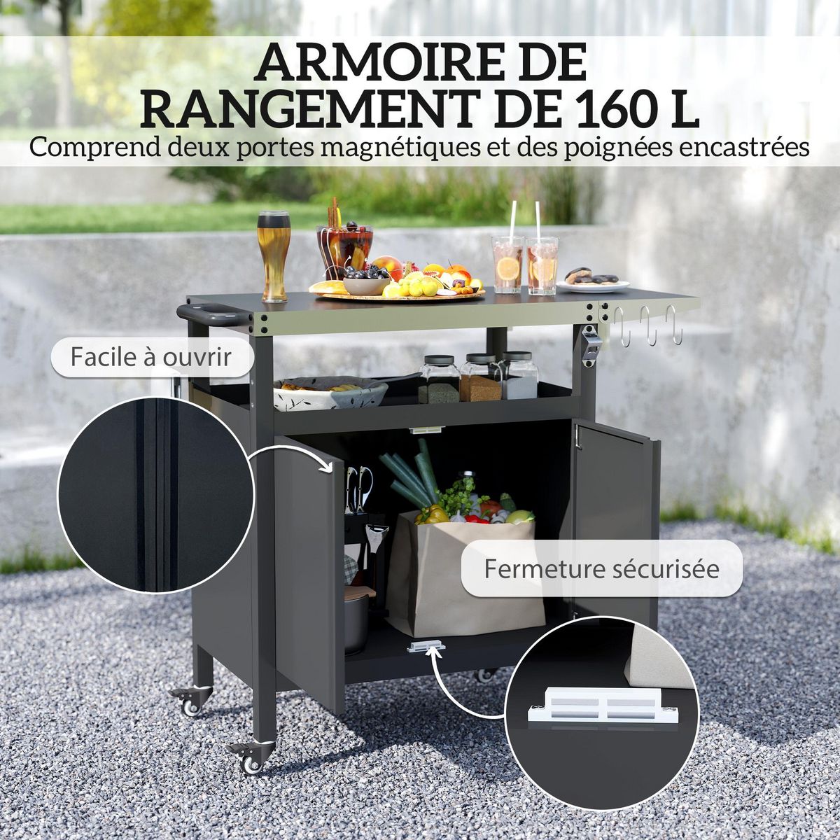 OUTSUNNY Desserte de jardin desserte plancha barbecue - 2 portes, tablette pliable, 3 crochets - acier noir acier inox