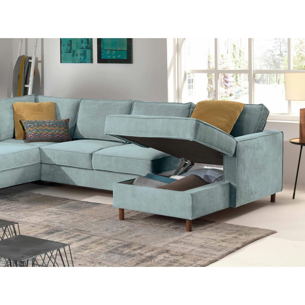 LISA DESIGN Jake - canapé panoramique d'angle gauche - convertible avec coffre - 7 places - en velours côtelé