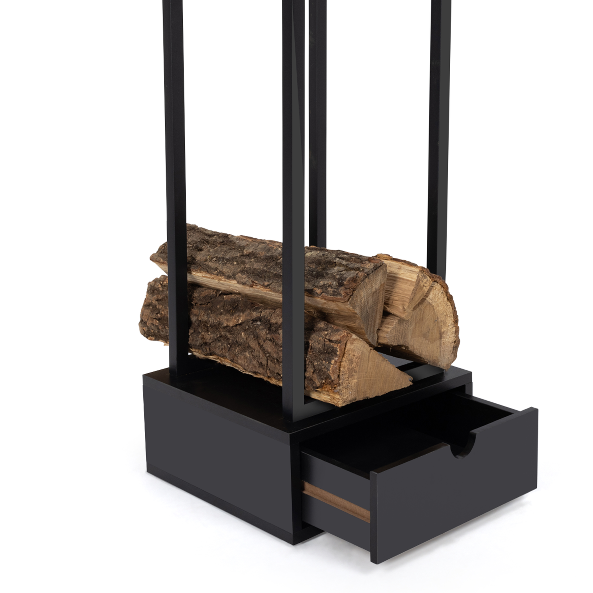 Voir la diapositive 6 : ID MARKET Range bûches vertical acier noir H. 125 CM avec tiroir pour cheminée