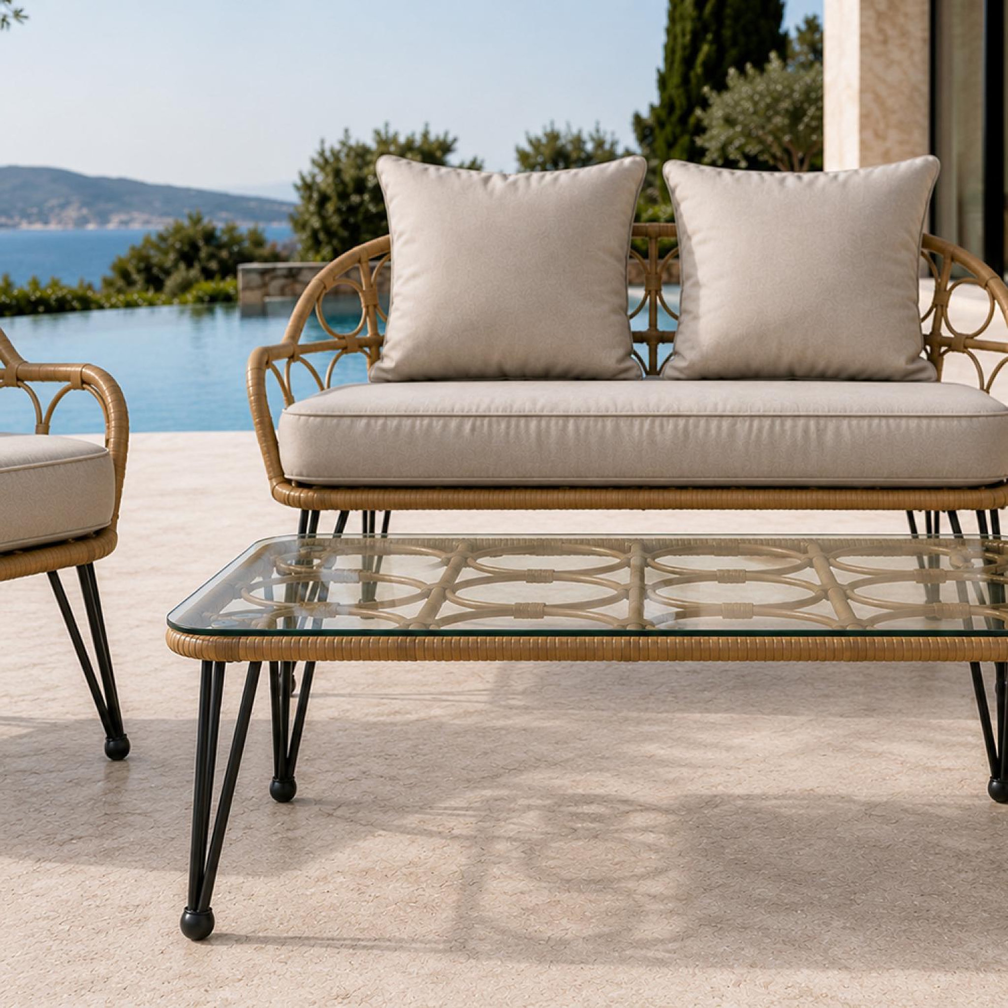 Voir la diapositive 6 : CONCEPT USINE Salon de jardin 4 places avec table basse effet rotin naturel porto