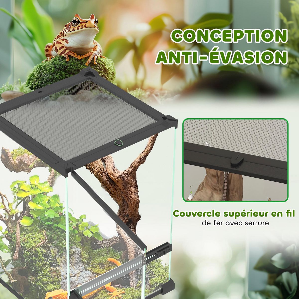 PAWHUT Terrarium vivarium en verre 12L couvercle maille métallique porte noir