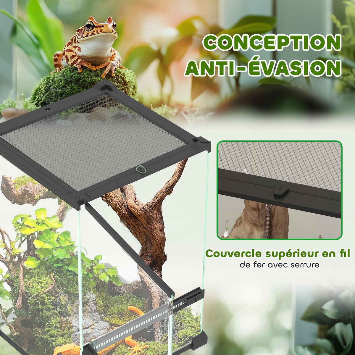 PAWHUT Terrarium vivarium en verre 12L couvercle maille métallique porte noir