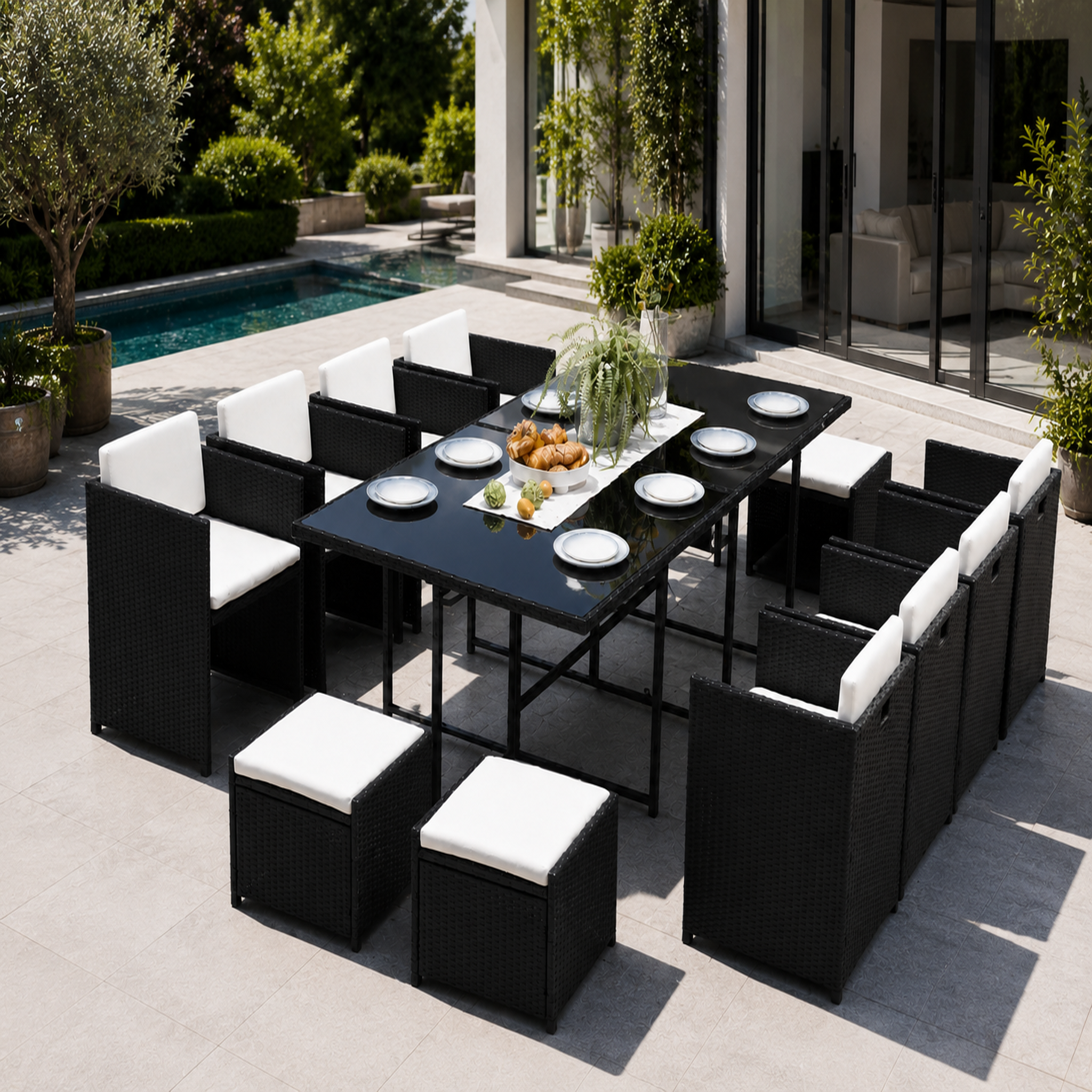 Voir la diapositive 2 : CONCEPT USINE Table et chaises 12 places encastrables résine noir-blanc MIAMI