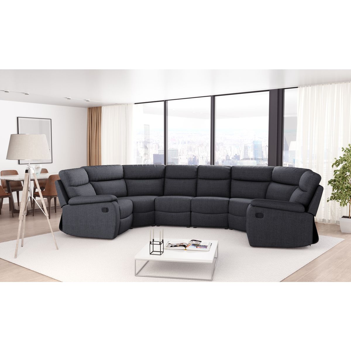 Canapé panoramique relax manuel 6 places HELENE tissu gris foncé