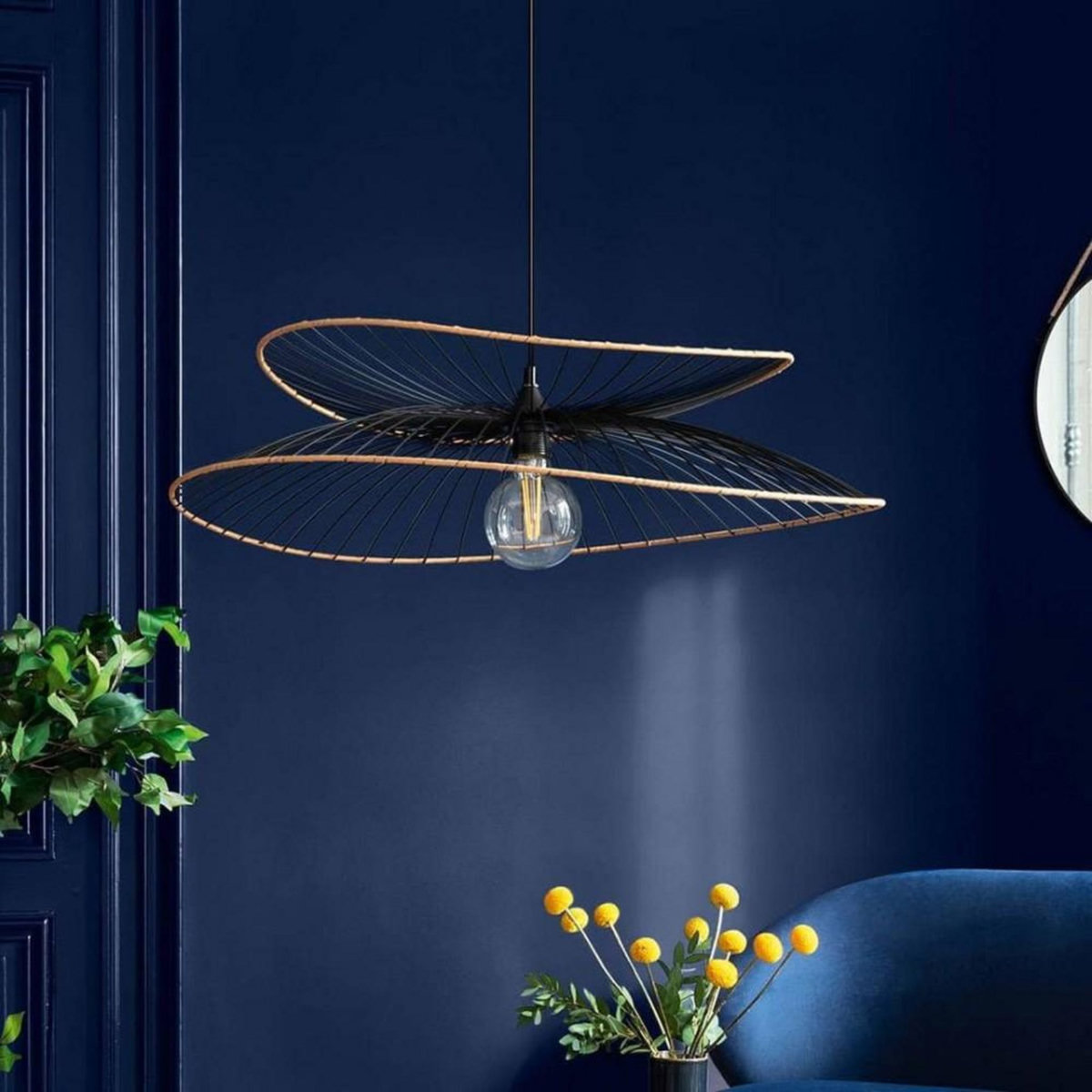 ATMOSPHERA Suspension métal et rotin Alara noir D69.5