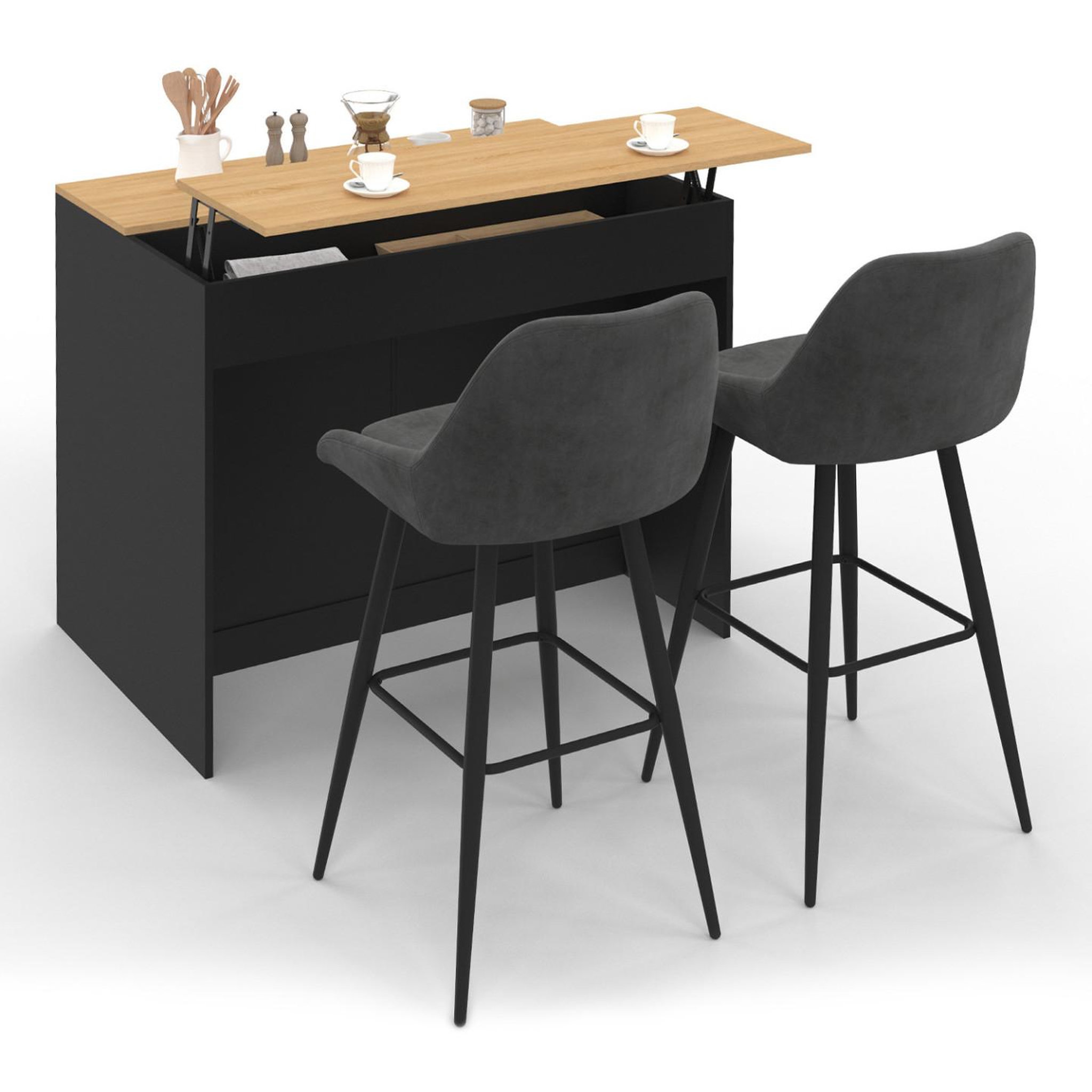 ID MARKET Ilot central cesar 110 cm avec tablette relevable rectangulaire bois noir et façon hêtre