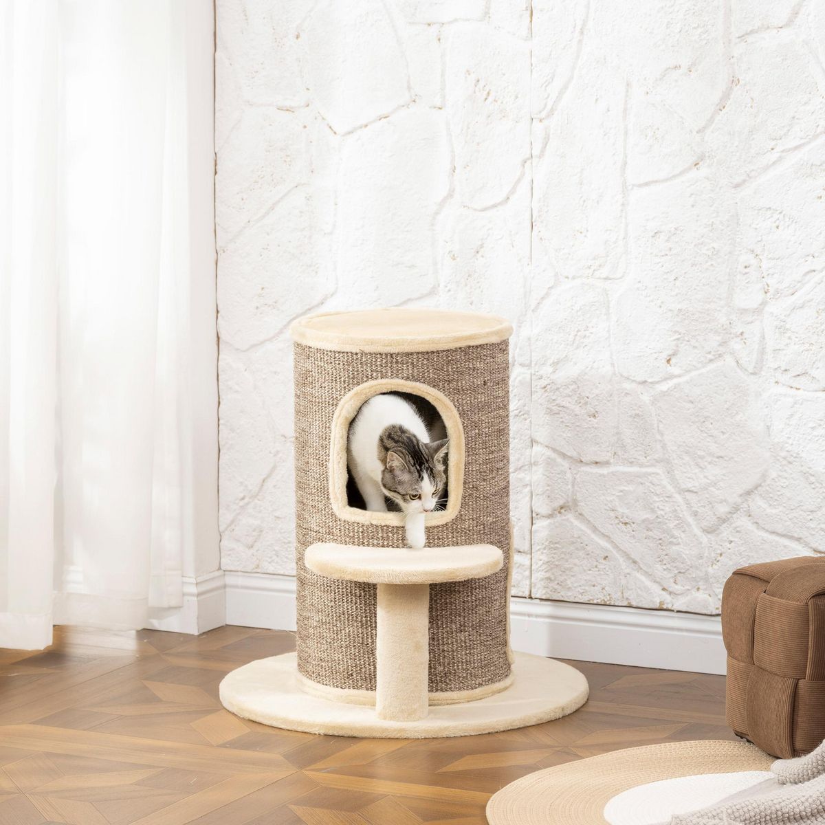PAWHUT Arbre à chat cylindrique - tour à griffer pour chat H.61cm - tonneau griffoir - 2 niveaux + plateforme - sisal peluche beige