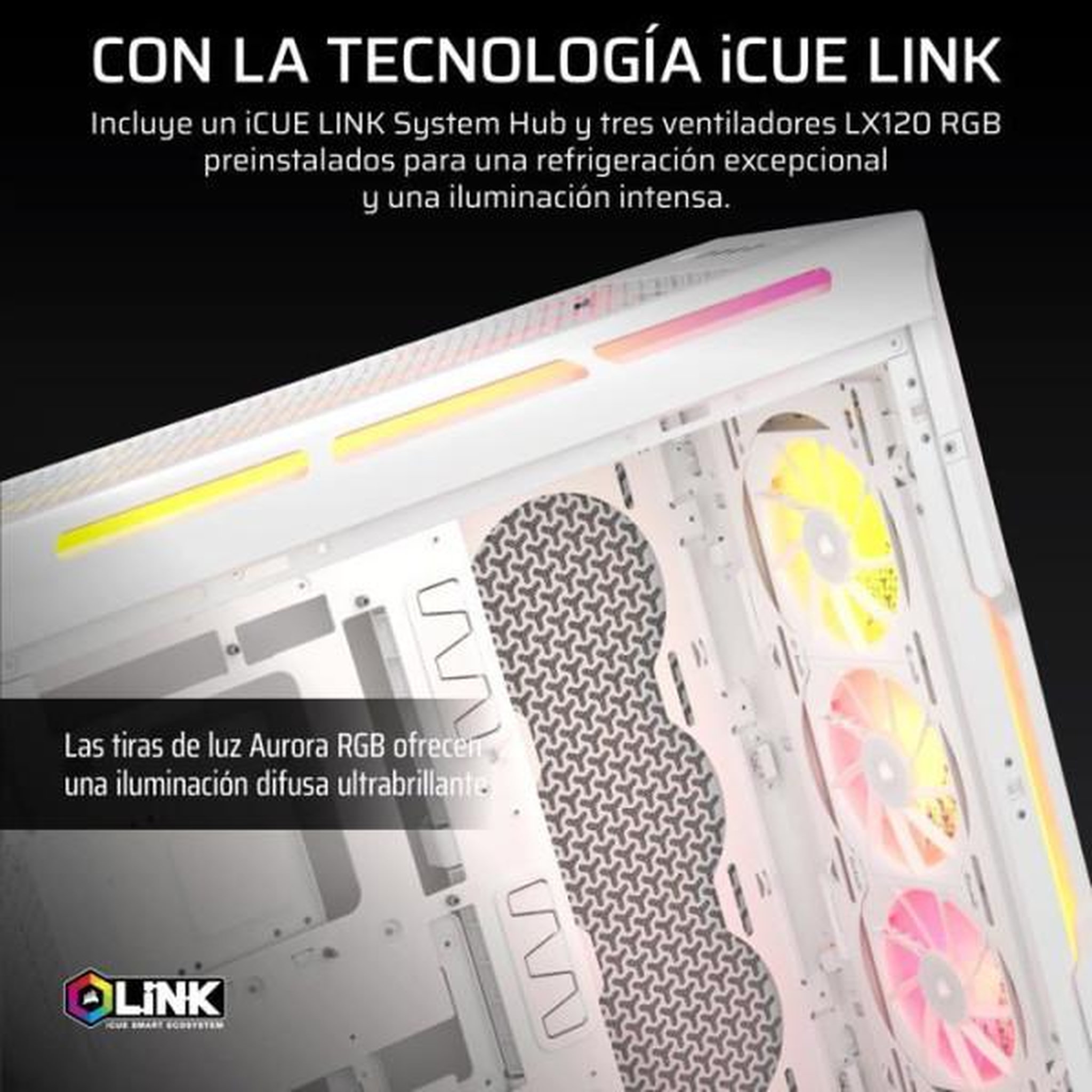 Voir la diapositive 3 : Corsair Boîtier pc atx - corsair - 5000t lx rgb - 3 ventilateurs lx120 rgb - éclairage aurora rgb - blanc
