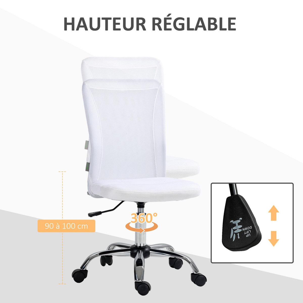 VINSETTO Vinsetto Chaise de bureau ergonomique hauteur réglable piètement chromé pivotant 360° revêtement blanc
