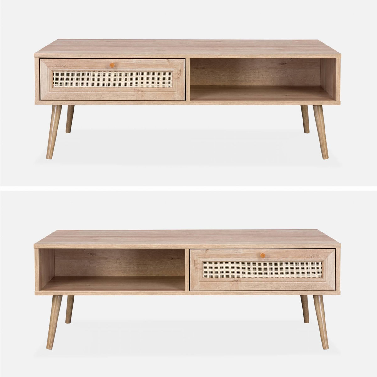 SWEEEK Table basse en cannage 110 x 59 x 39 cm - Bohème - Naturel. 1 tiroir. 1 espace de rangement. pieds scandinaves