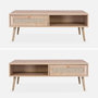 Voir la diapositive 4 : SWEEEK Table basse en cannage 110 x 59 x 39 cm - Bohème - Naturel. 1 tiroir. 1 espace de rangement. pieds scandinaves