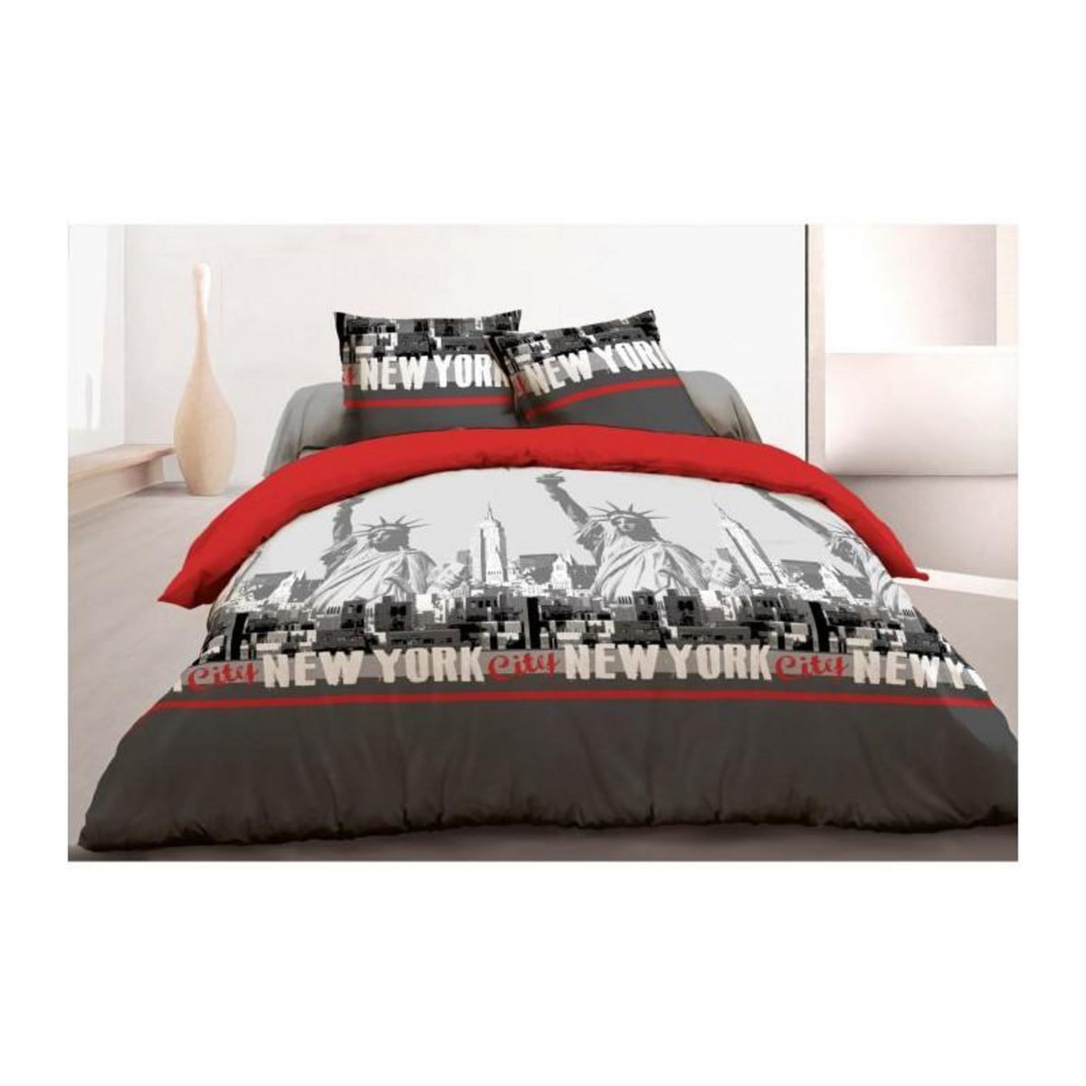 VISION VISION Parure de couette New York - 100% coton - 1 housse de couette 220 x 240 cm + 2 taies d'oreiller 65 x 65 cm - Rouge et gri