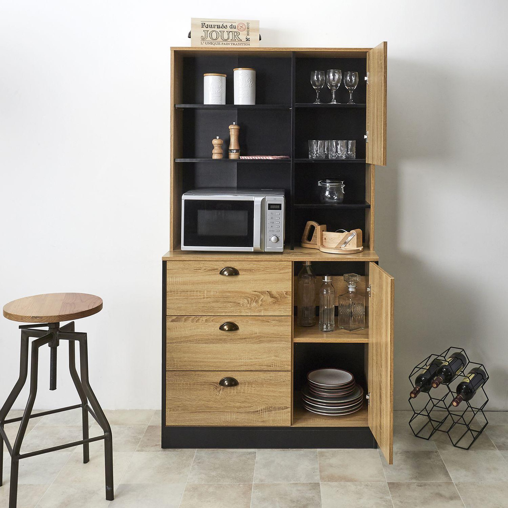 Voir la diapositive 4 : TOILINUX Buffet de cuisine - H.169cm - Effet Bois et Noir