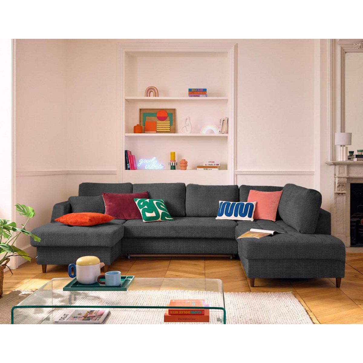 LISA DESIGN Anna - canapé panoramique d'angle droit 7 places convertible avec coffre en velours texturé