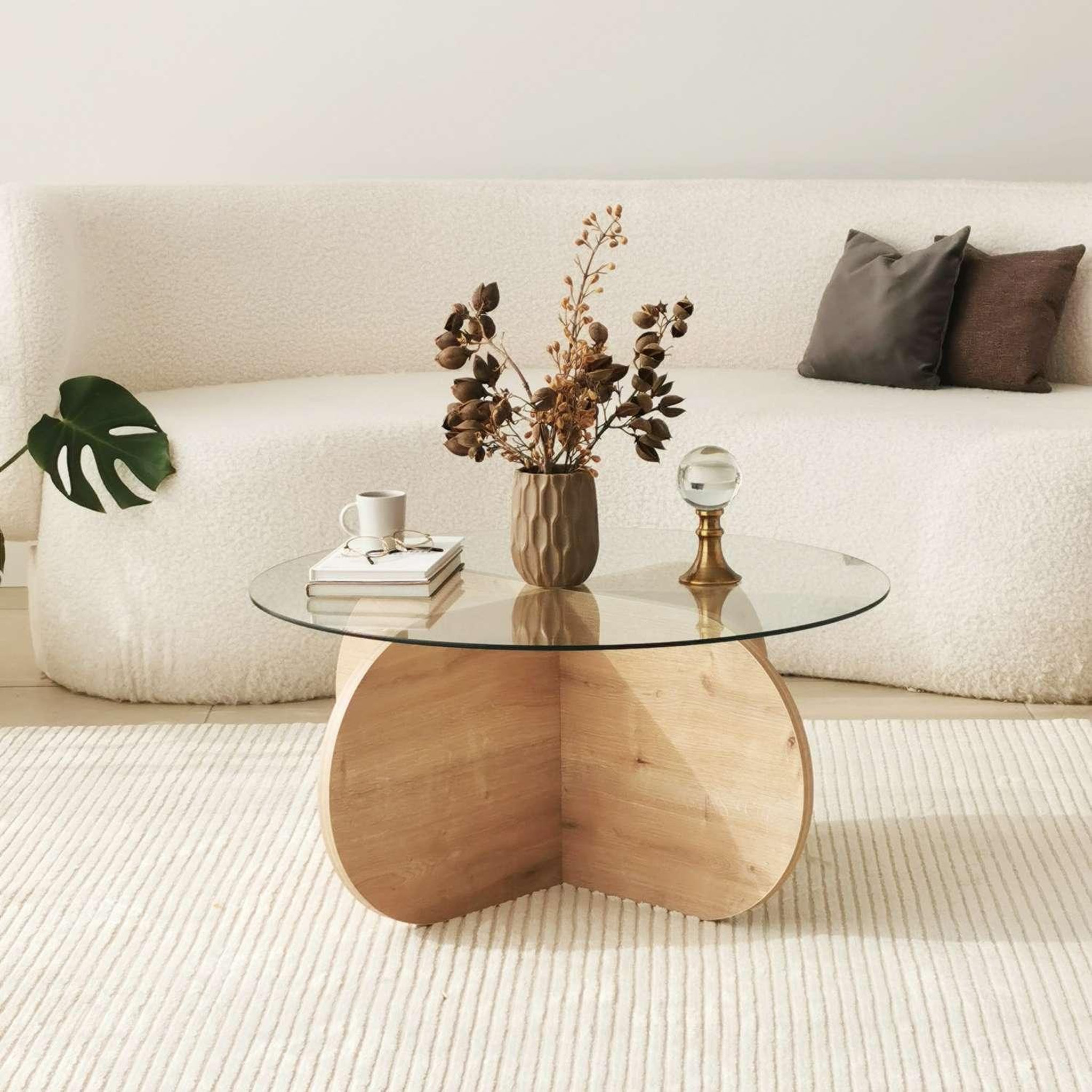 Voir la diapositive 2 : TOILINUX Table basse ronde luminix en verre et bois - beige