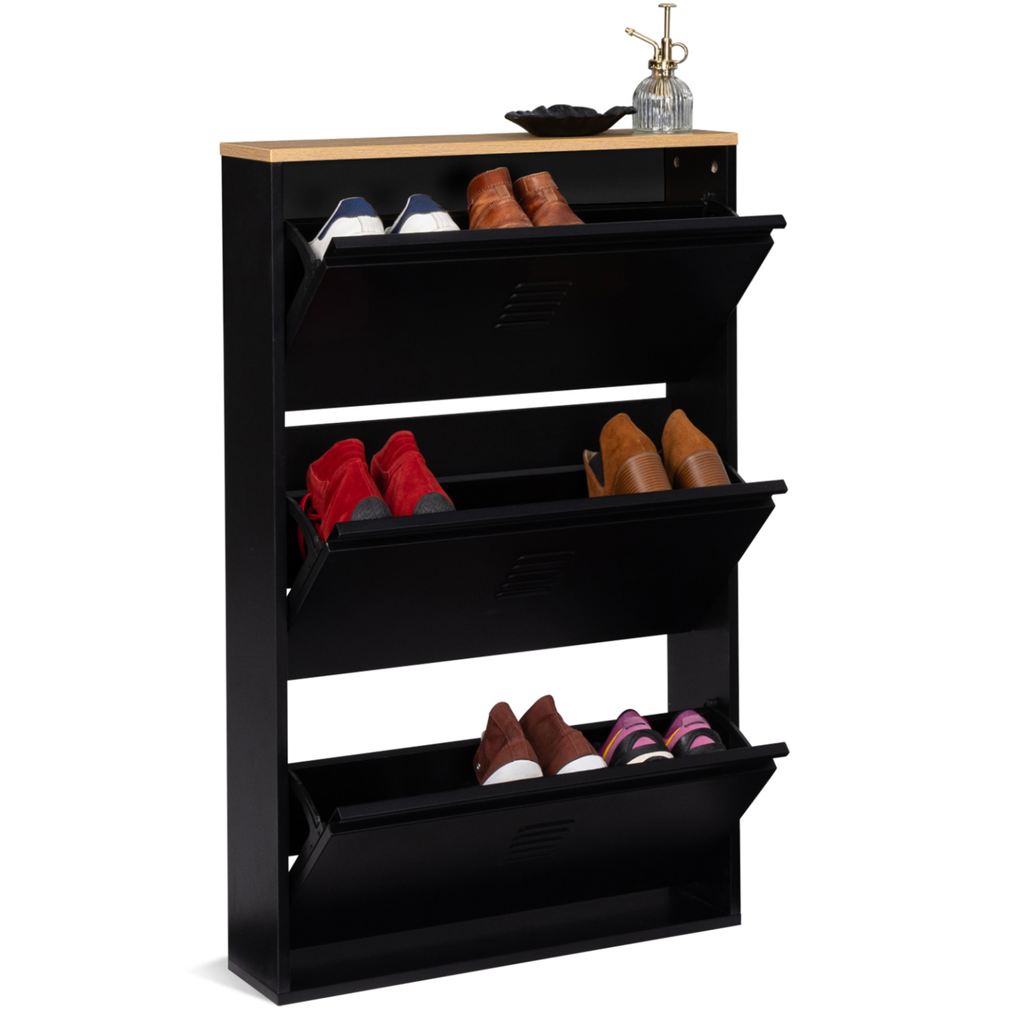 Voir la diapositive 4 : ID MARKET Meuble à chaussures 9 paires ester 3 portes métal noir et plateau façon hêtre design industriel