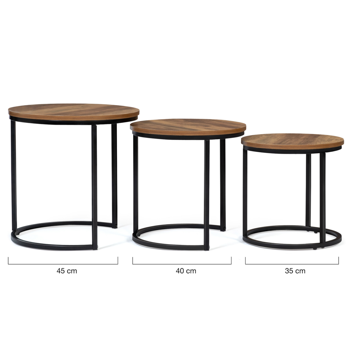 ID MARKET Lot de 3 tables basses gigognes HAWKINS rondes 30/40/45 bois foncé design industriel