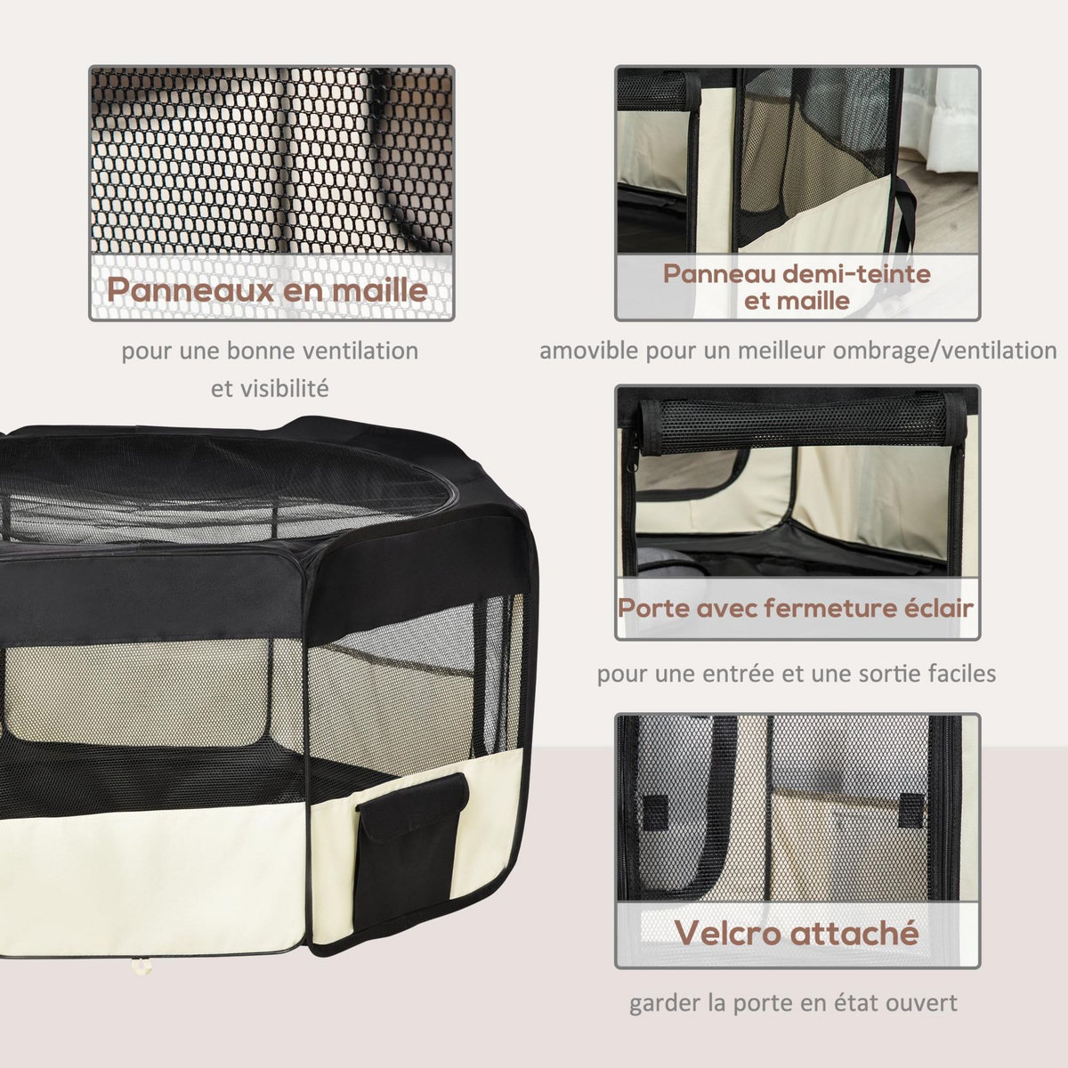 PAWHUT Parc enclos pliable chien chat - Ø 120 x 58H cm - acier tissu Oxford - crème noir