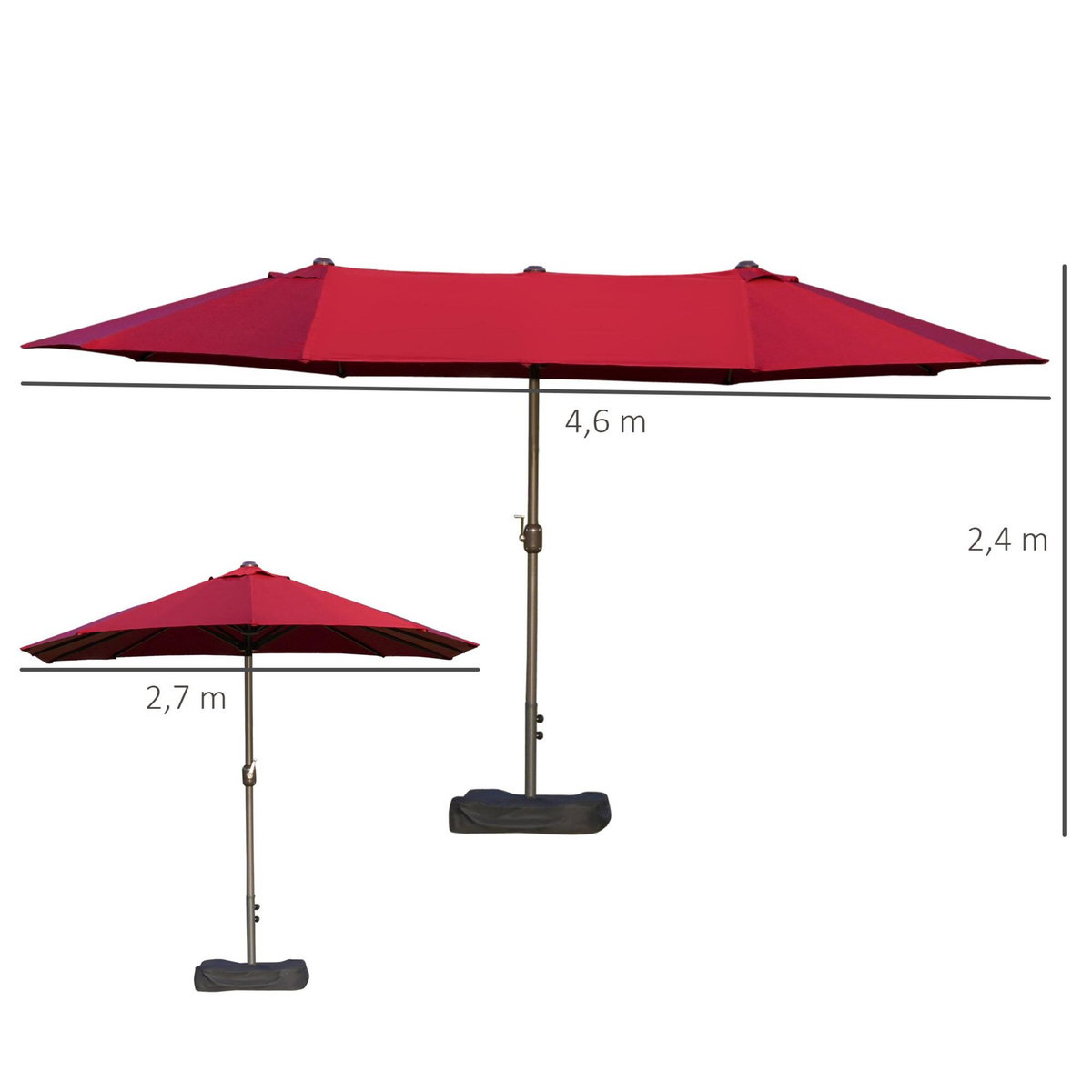 OUTSUNNY Parasol de jardin XXL dim. 4,6L x 2,7l x 2,4H m ouverture fermeture manivelle pied & contrepoids inclus acier polyester haute densité bordeaux