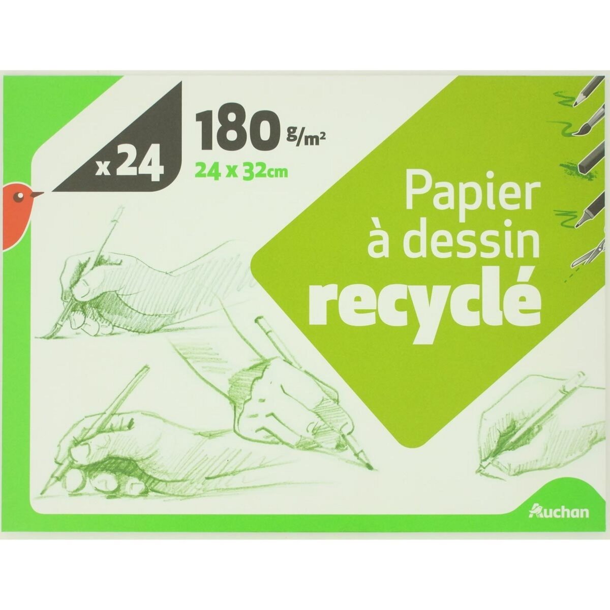 AUCHAN Pochette papier à dessin à grain recyclé 24x32cm - 24 feuilles - 180g blanc