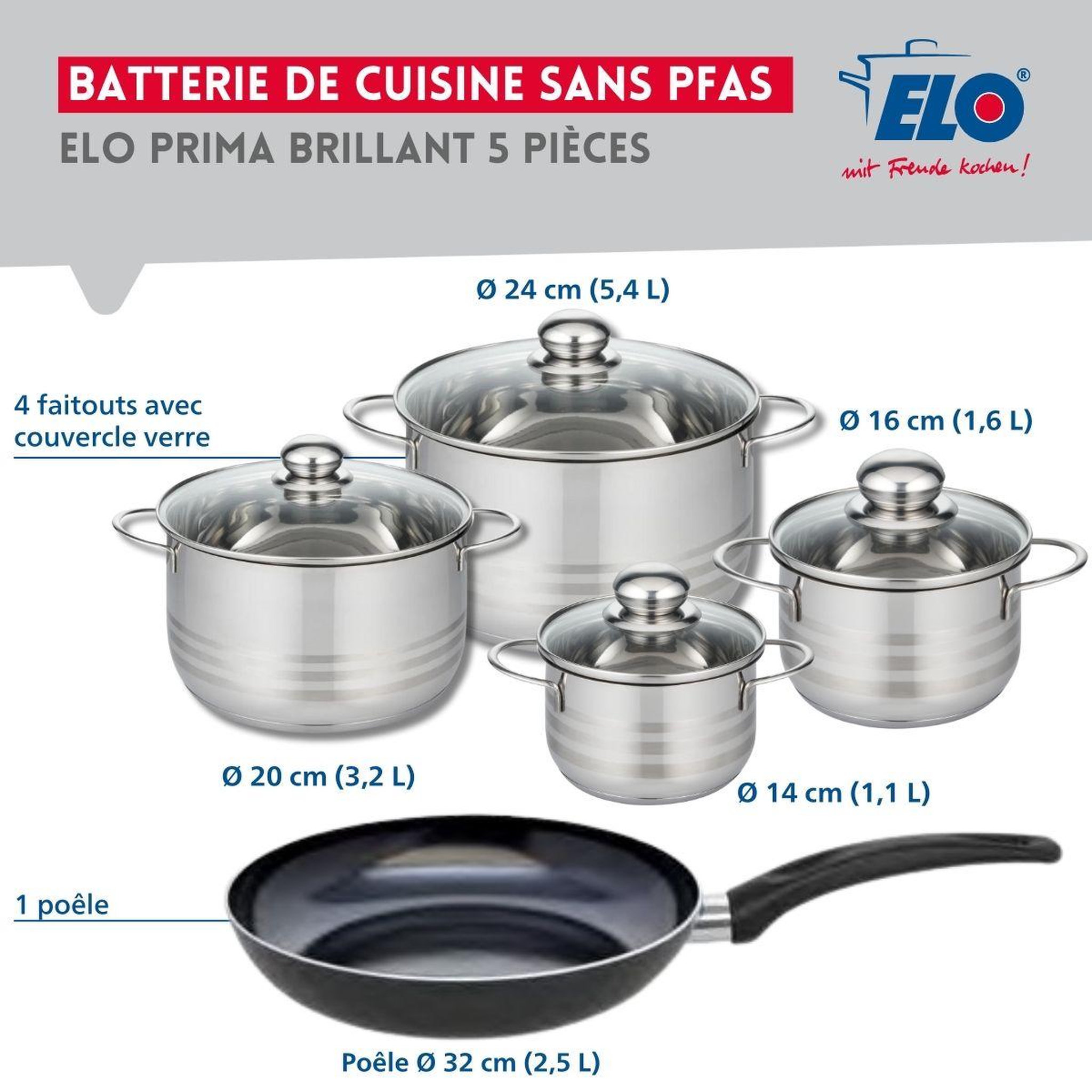 Voir la diapositive 2 : ELO Ensemble de 1 poêle de cuisson 32 cm et 4 faitouts 14, 16, 20 et 24 cm elo prima brillant
