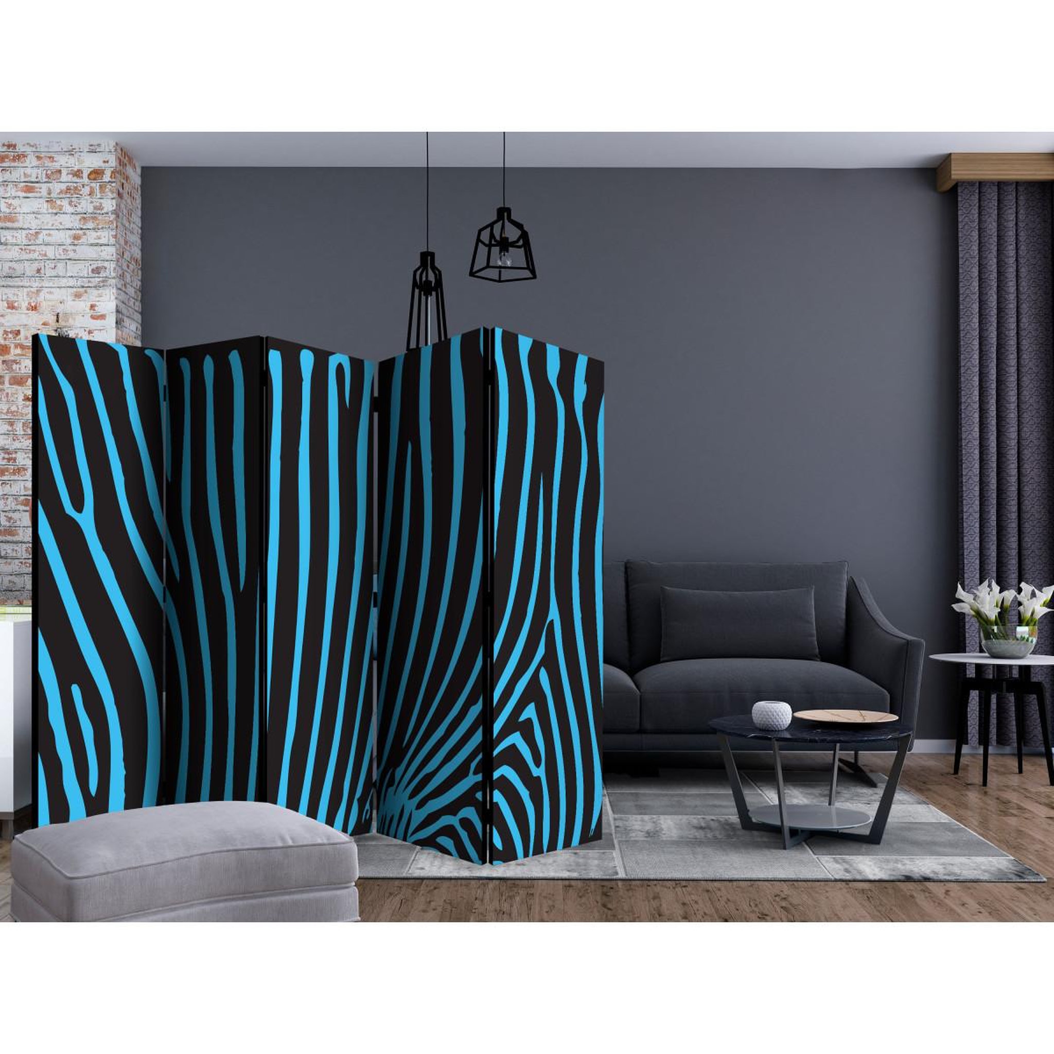 Voir la diapositive 2 : Paris Prix Paravent 5 volets  zebra pattern turquoise  172x225cm