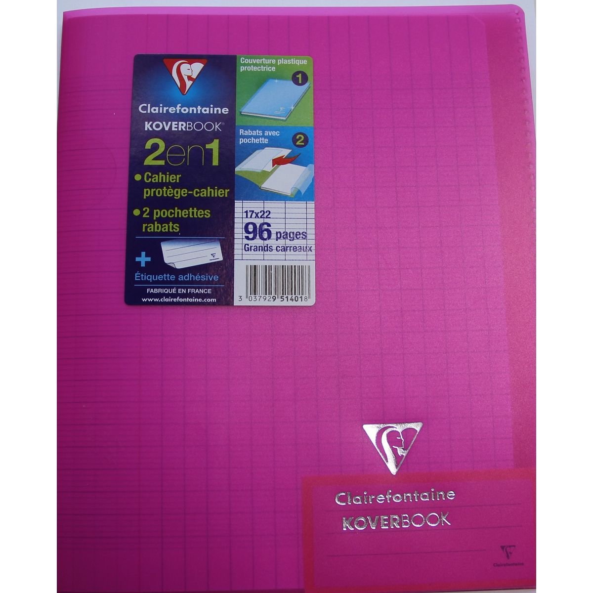 CLAIREFONTAINE Cahier piqué Koverbook 17x22cm 96 pages grands carreaux Seyes coloris aléatoire transparent