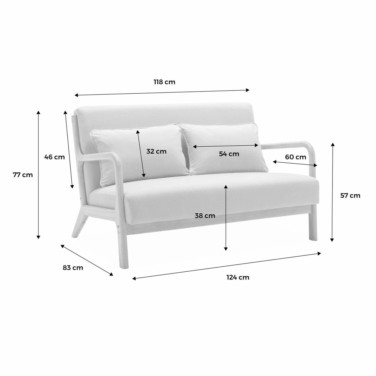 SWEEEK Banquette à bouclettes . pieds bois d'hévéa teinté noyer clair. 2 places droit fixe. pieds compas scandinave