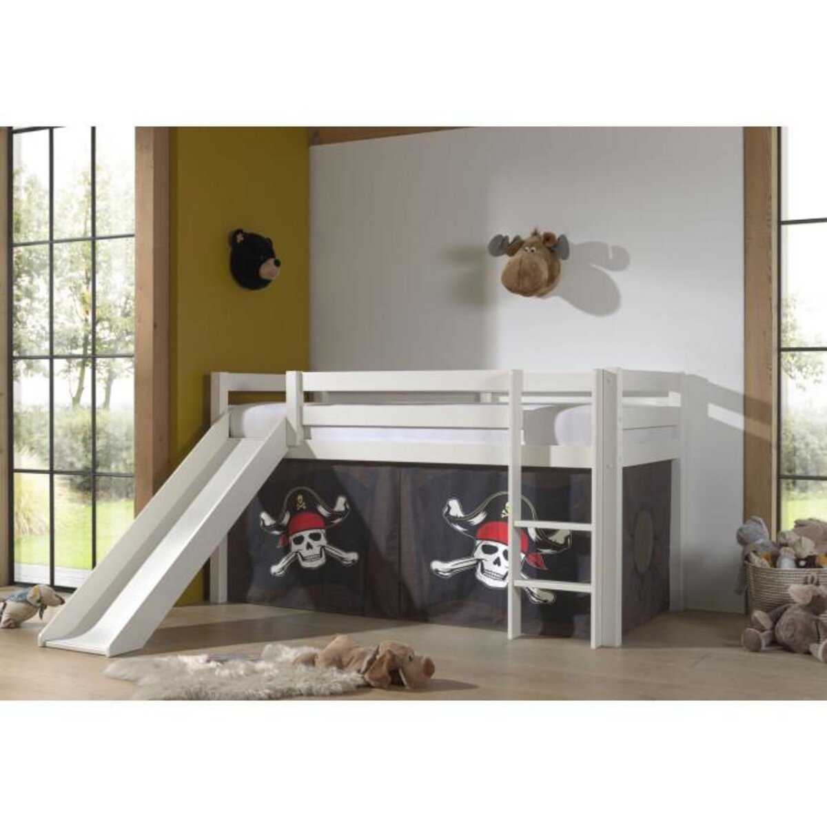 Paris Prix Lit Enfant Surélevé Avec Toboggan  Pino Caribian Pirates  90x200cm Blanc