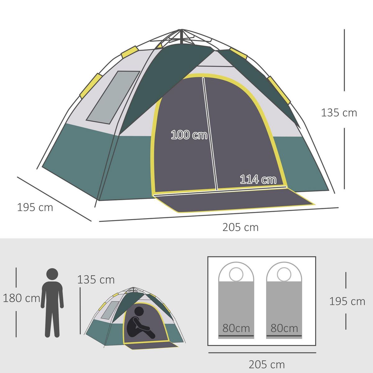 OUTSUNNY Tente de camping pop up 3 personnes porte 3 fenêtres sac de transport inclus fibre verre polyester PE jaune gris vert
