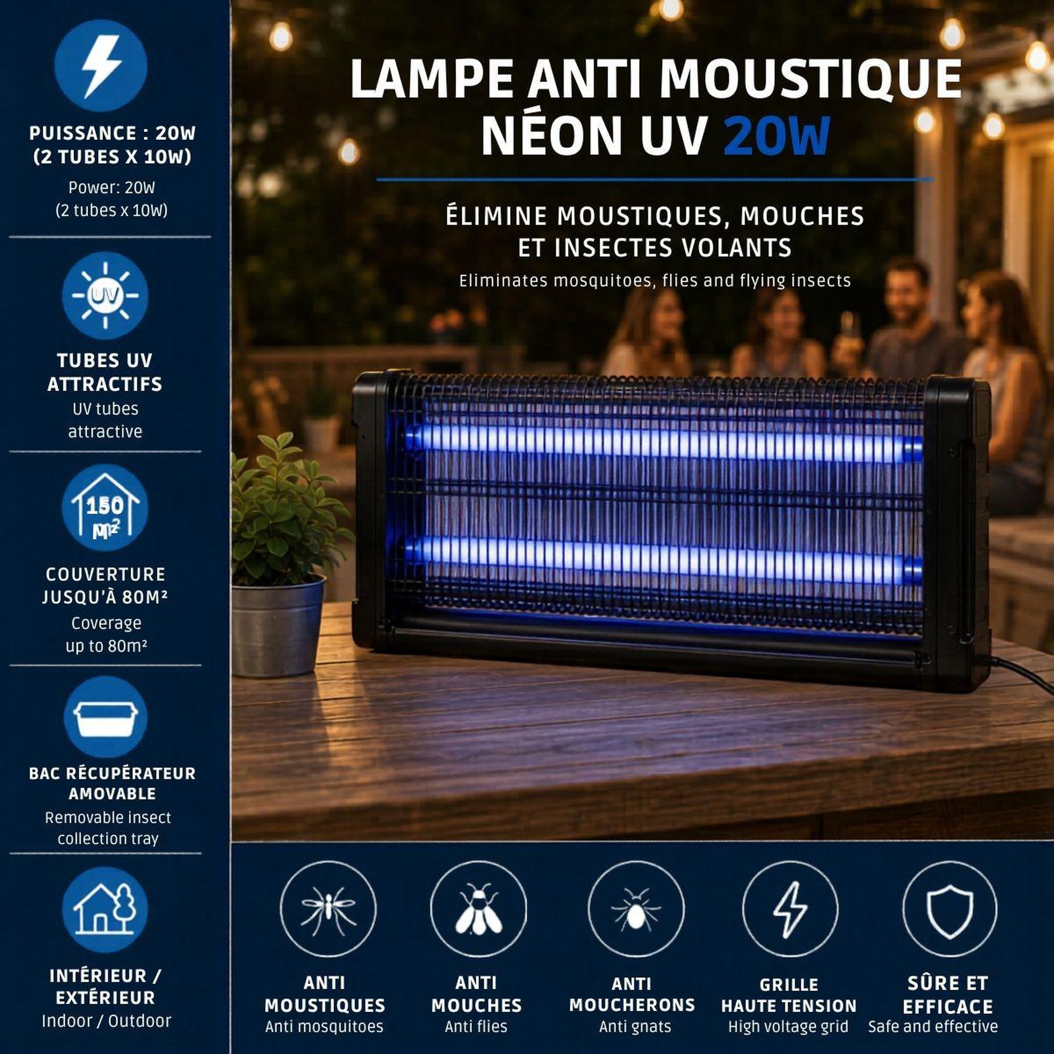 Voir la diapositive 2 : INTEC Lampe Anti Moustique Néon UV 20W Intérieur/Extérieur Piège à Insectes 80m2 Grille Haute Tension Anti Mouches Insectes volants