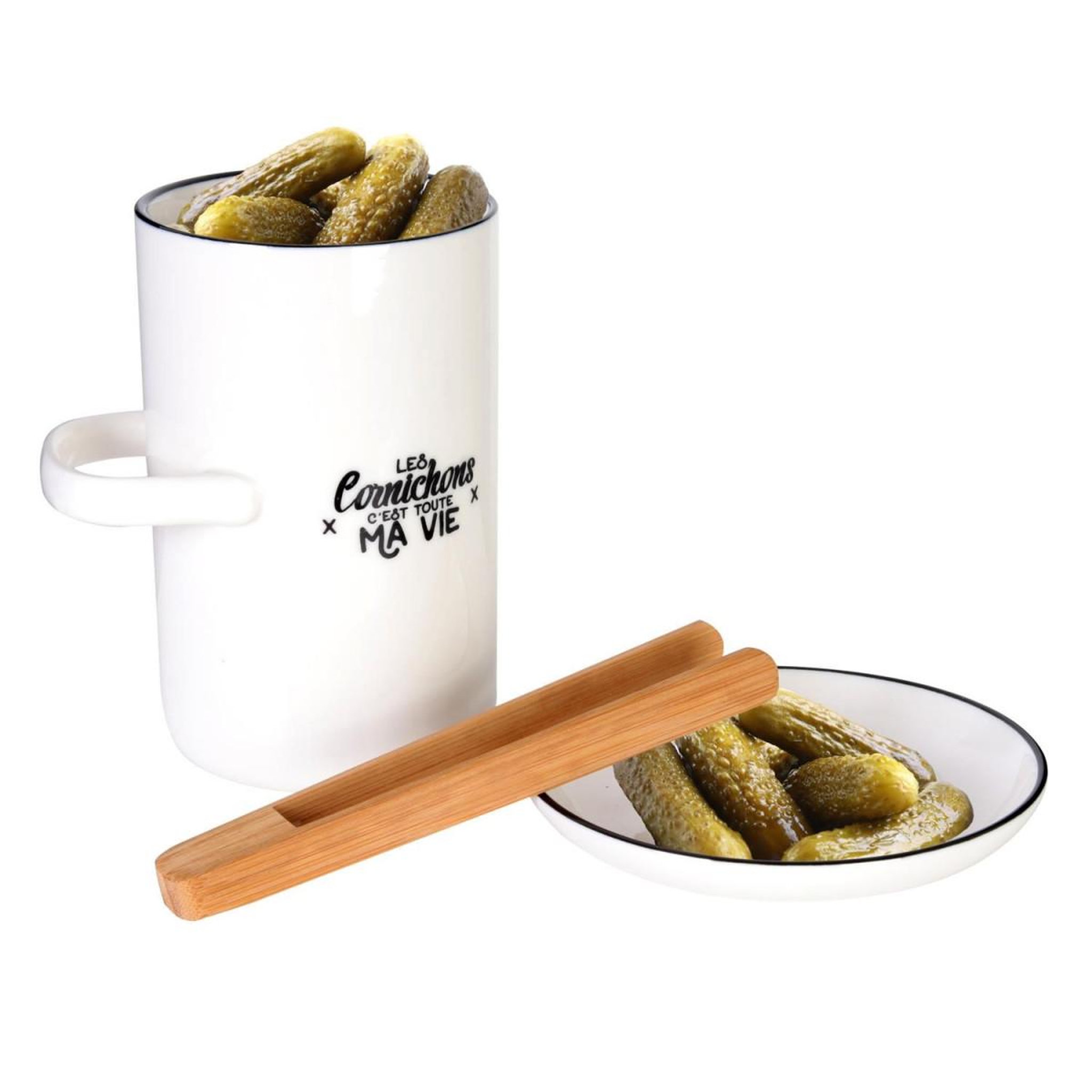 Voir la diapositive 4 : COOK CONCEPT Pot à Cornichon  Soucoupe & Pince  16cm Blanc