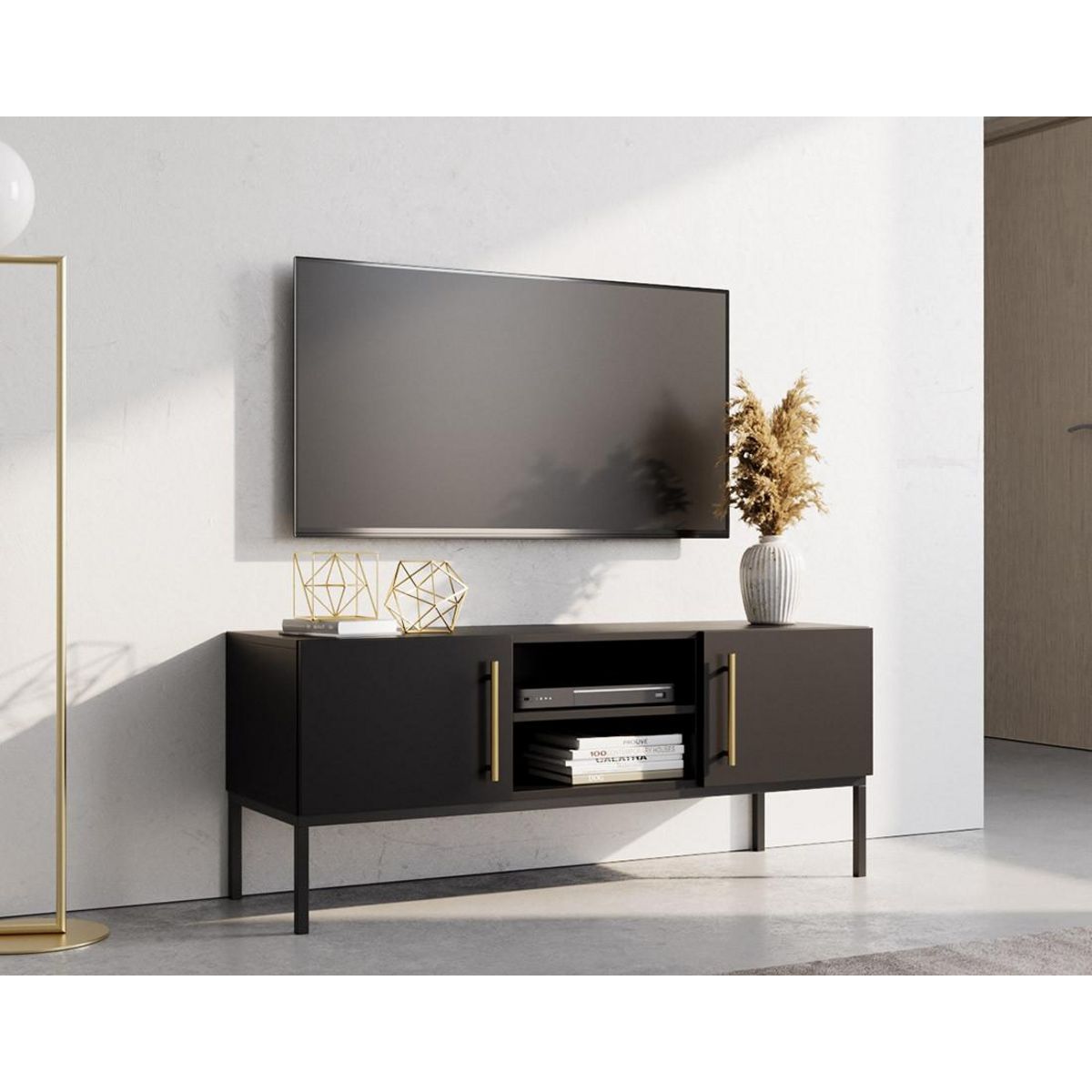 BEST MOBILIER Felicia - meuble tv - noir - 2 portes et 2 niches - 120 cm
