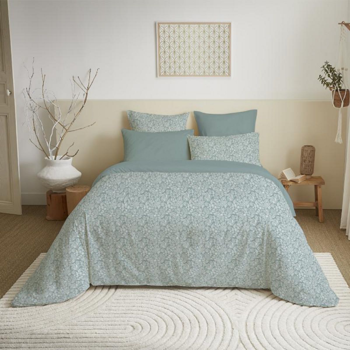 COTON PUR Pack complet housse de couette réversible pour lit 140 x 190 cm Céleste glacier