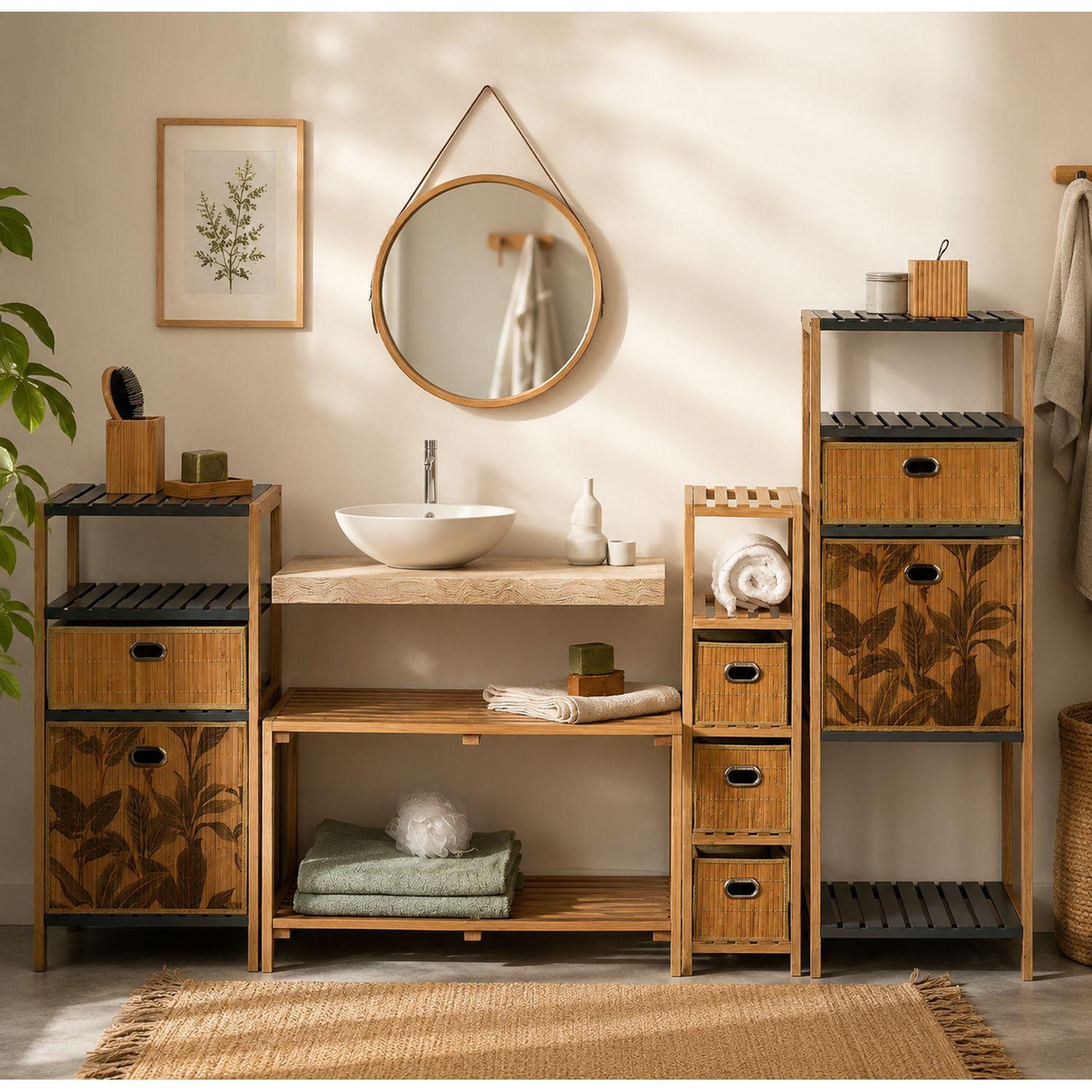 Voir la diapositive 2 : TOILINUX Lot de 2 boîtes de rangement imprimé tropical en bambou et tissu - l.31 x l.31 x h.31 cm - marron