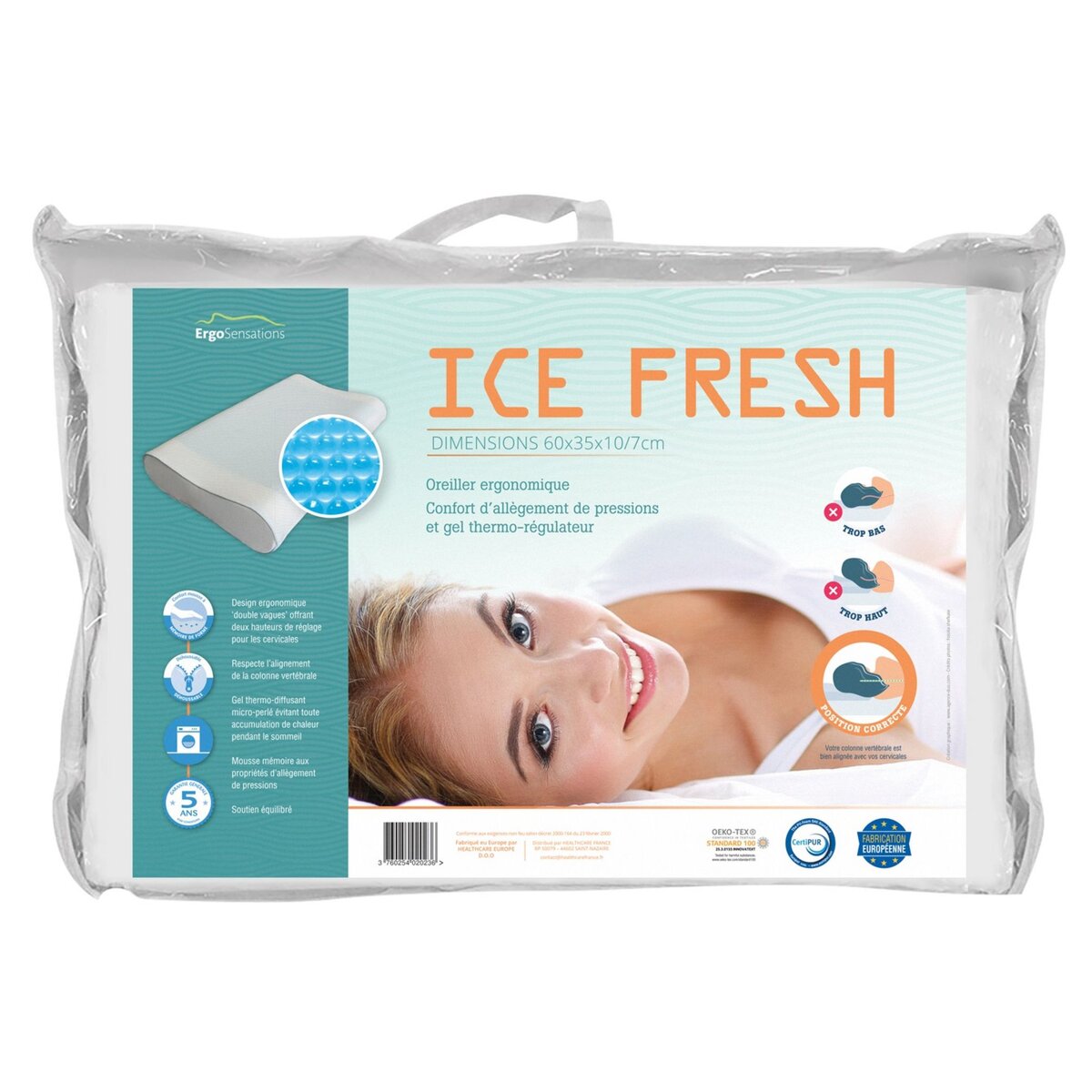 Oreiller ergonomique gel à mémoire de forme ICE FRESH