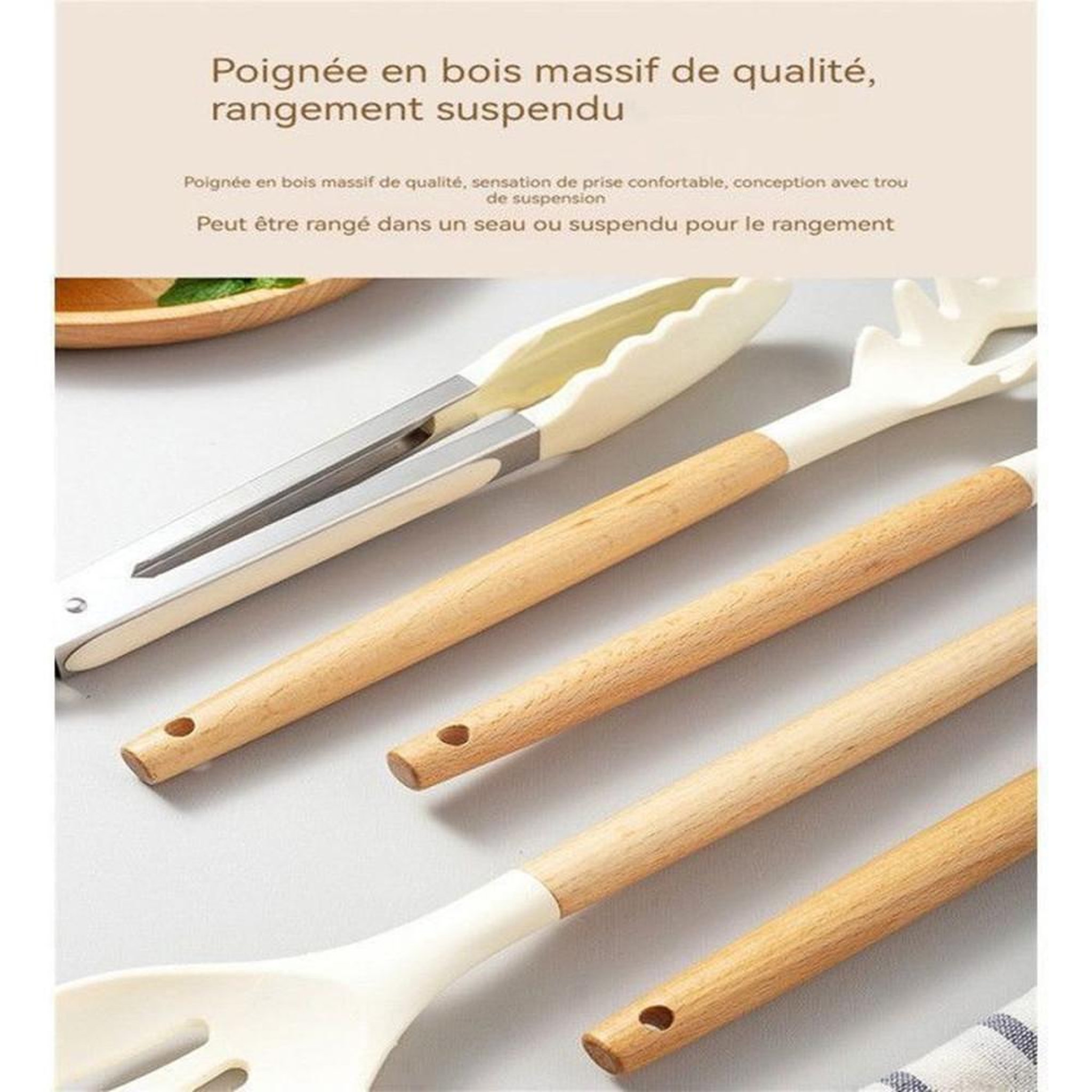 Voir la diapositive 4 : Set d'ustensiles de cuisine en silicone alimentaire 14 pièces blanc, antiadhésifs, résistance 250°C, compatible lave-vaisselle