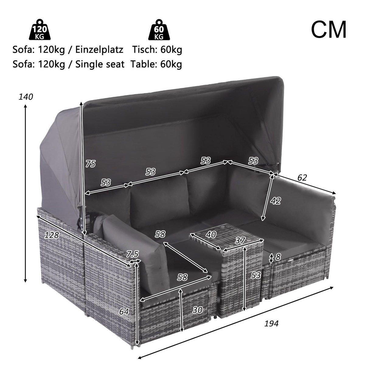 MERAX Salon de jardin 6 places en Rattan avec canapé à toit, pouf, fauteuils et table, gris