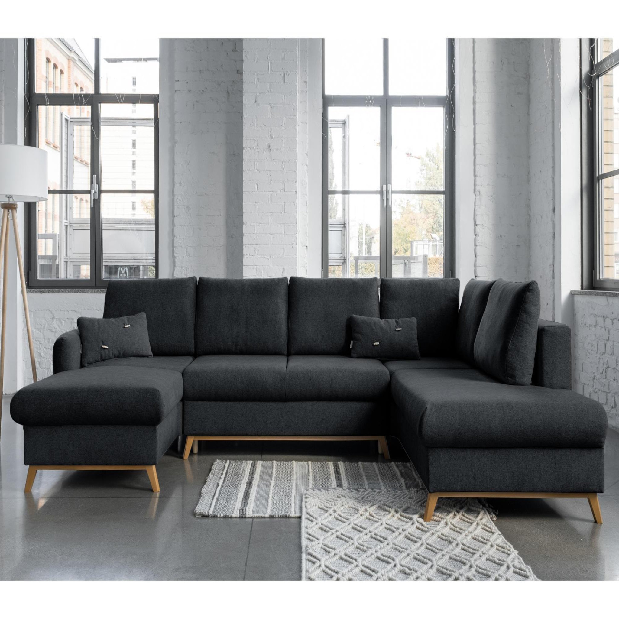 Voir la diapositive 2 : BEST MOBILIER Lagom - canapé d'angle panoramique - convertible - avec coffre - en tissu - 7 places - droit