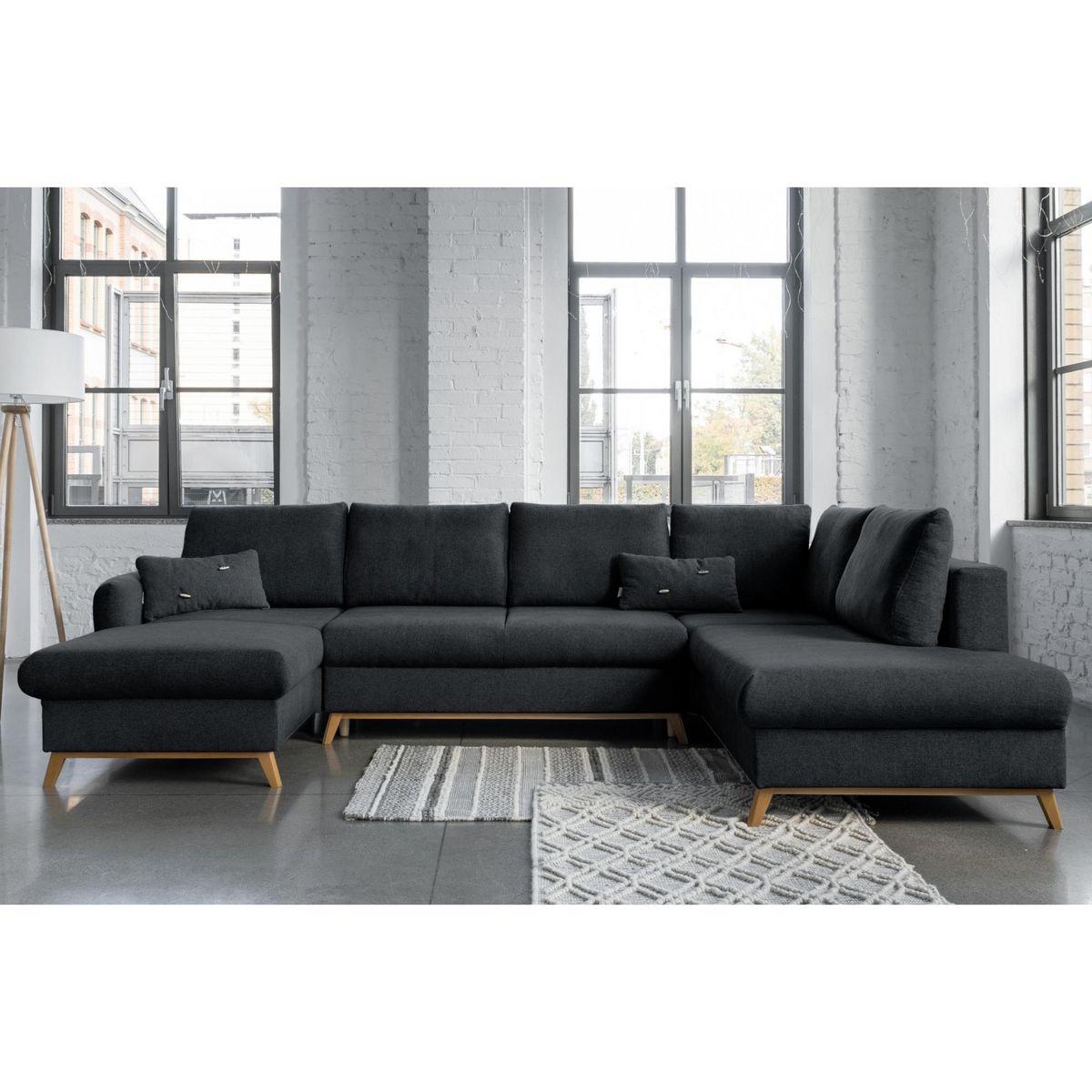 BEST MOBILIER Lagom - canapé d'angle panoramique - convertible - avec coffre - en tissu - 7 places - droit