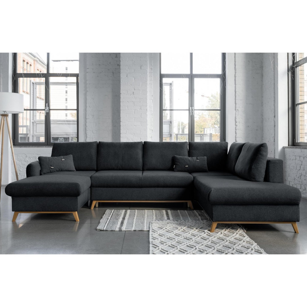 BEST MOBILIER Lagom - canapé d'angle panoramique - convertible - avec coffre - en tissu - 7 places - droit