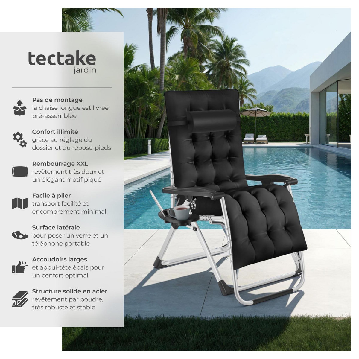 tectake Chaise longue Pliable noir