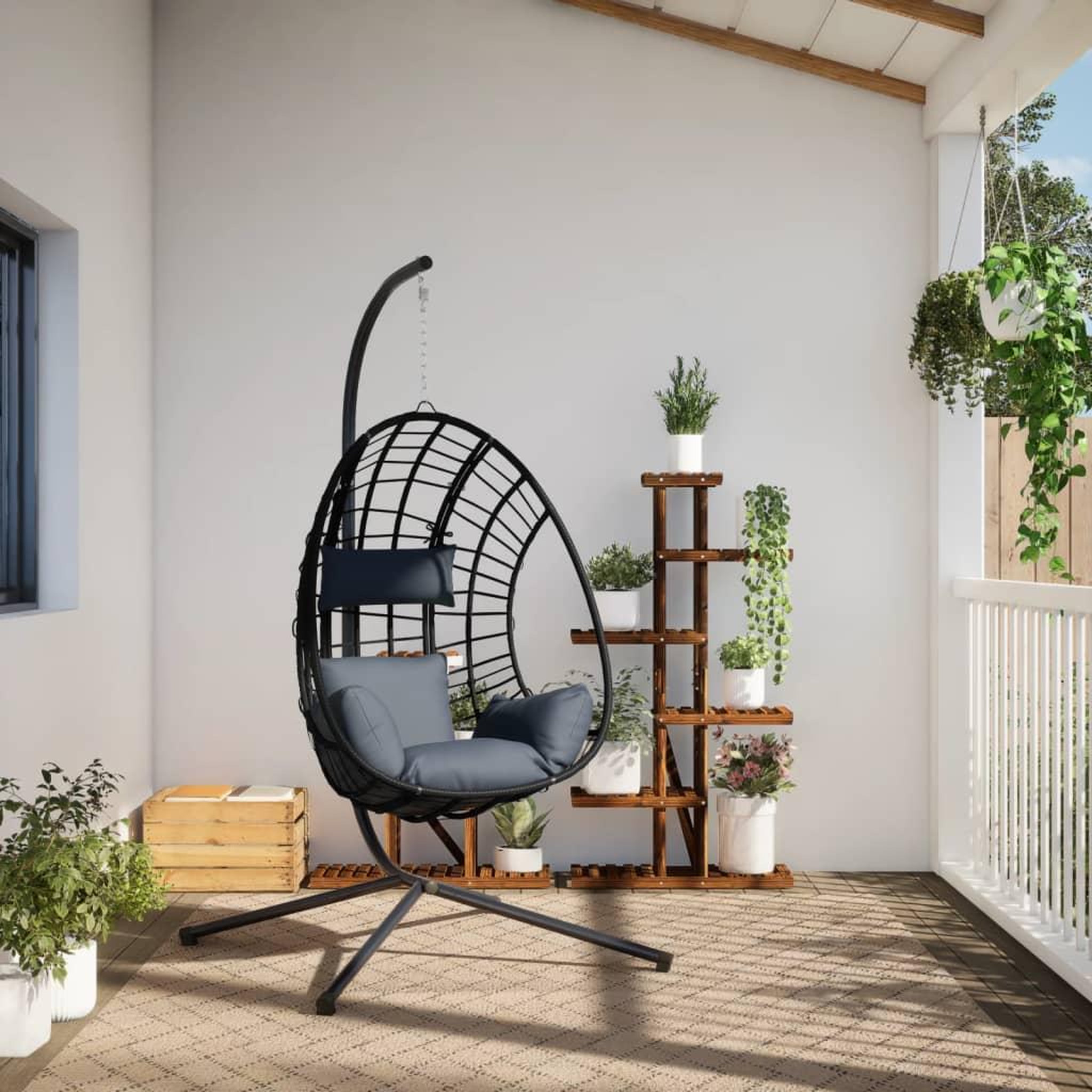 Voir la diapositive 3 : VIDAXL Chaise suspendue œuf support anthracite rotin et acier